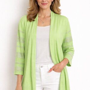 Ming Wang Sweater Women's Size Medium Petite Knit Cardigan Stripes Neon Green‎